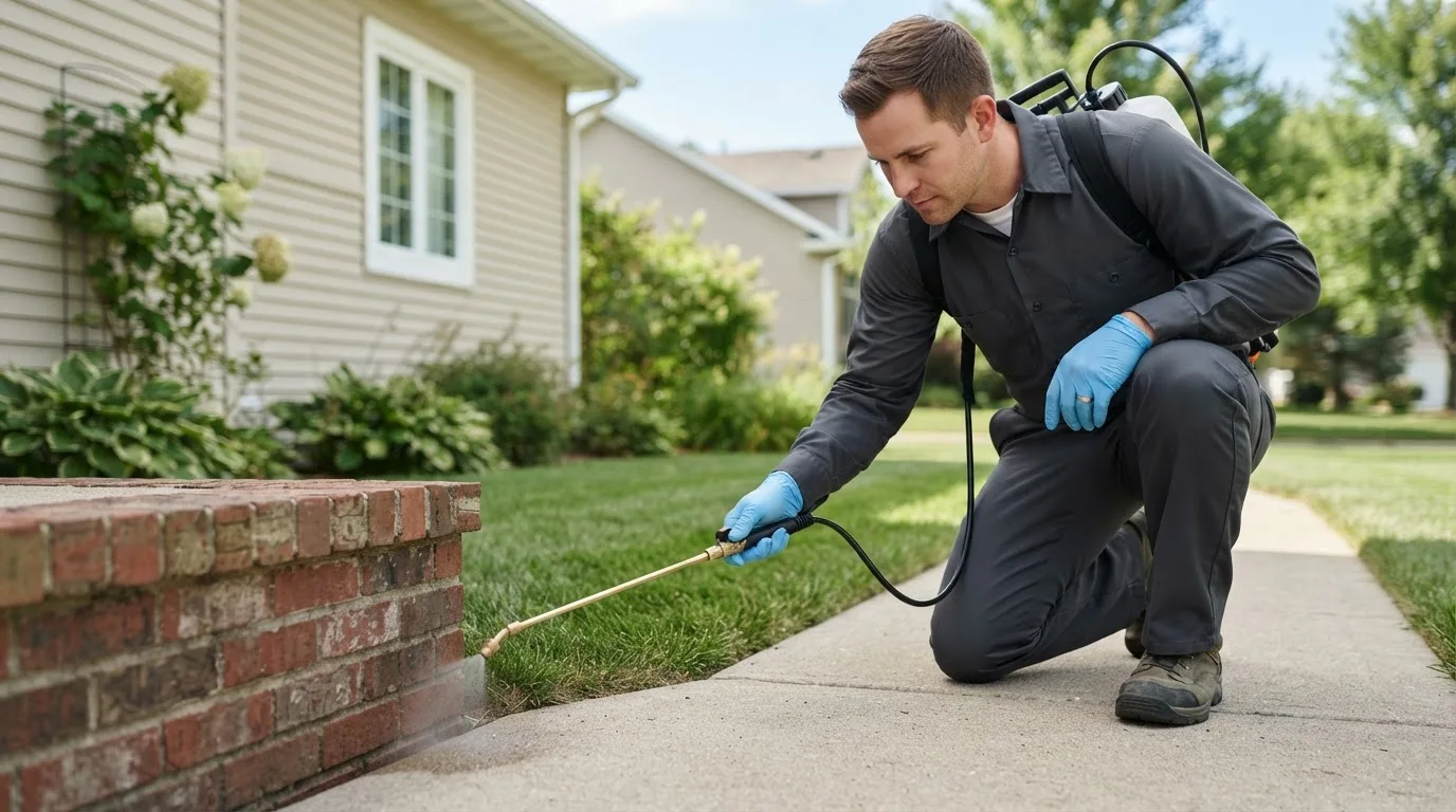 Pest control technician treating a home near Lacota, MI