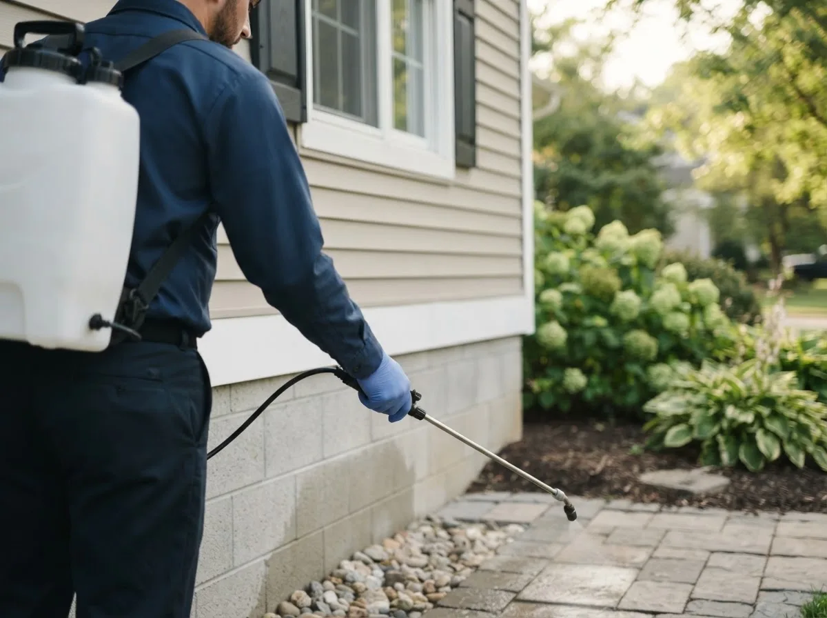 Pest control technician inspecting a home in Lacota, MI